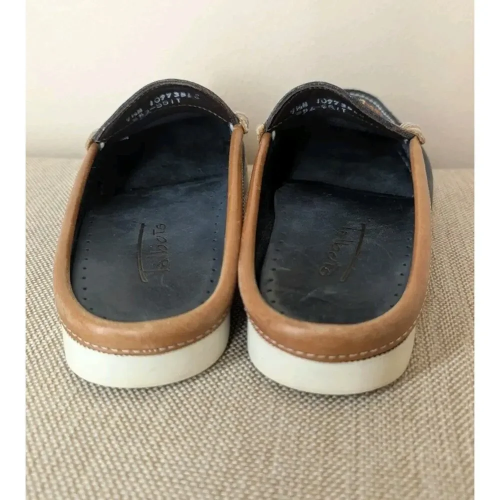 Talbots Women's Navy Tan Leather Nassau Slip On Loafers Mules Slides Size 9.5 N